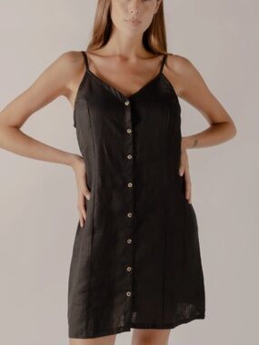 Forever 21 Contemporary Linen Blend Black Button Down Mini Dress Size Medium